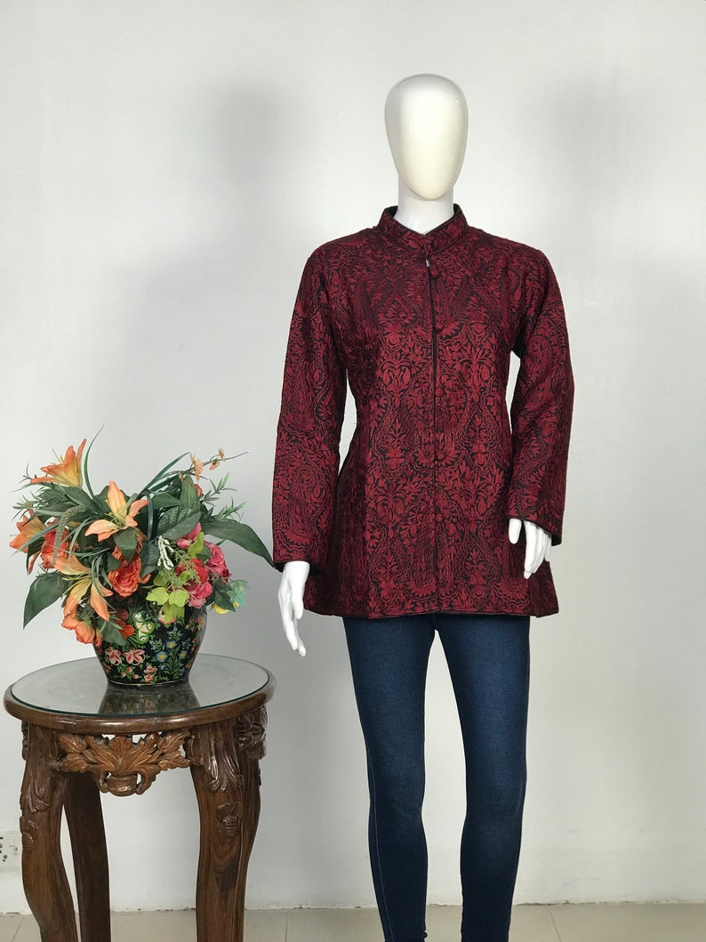 Black Kashmiri Jamawar Jacket with Maroon Embroidery, Embroidered Jackets Black Kashmiri Jamawar Jacket with Maroon Embroidery, Embroidered Jackets