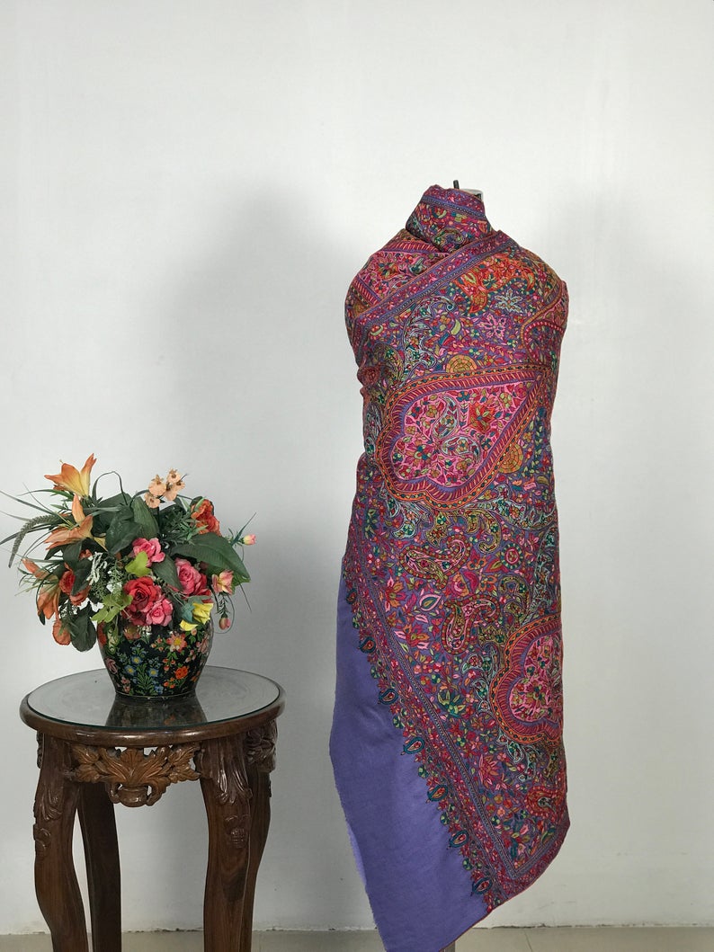 Dark Periwinkle Hand Papier Mache Jamawar Pure Pashmina Shawl