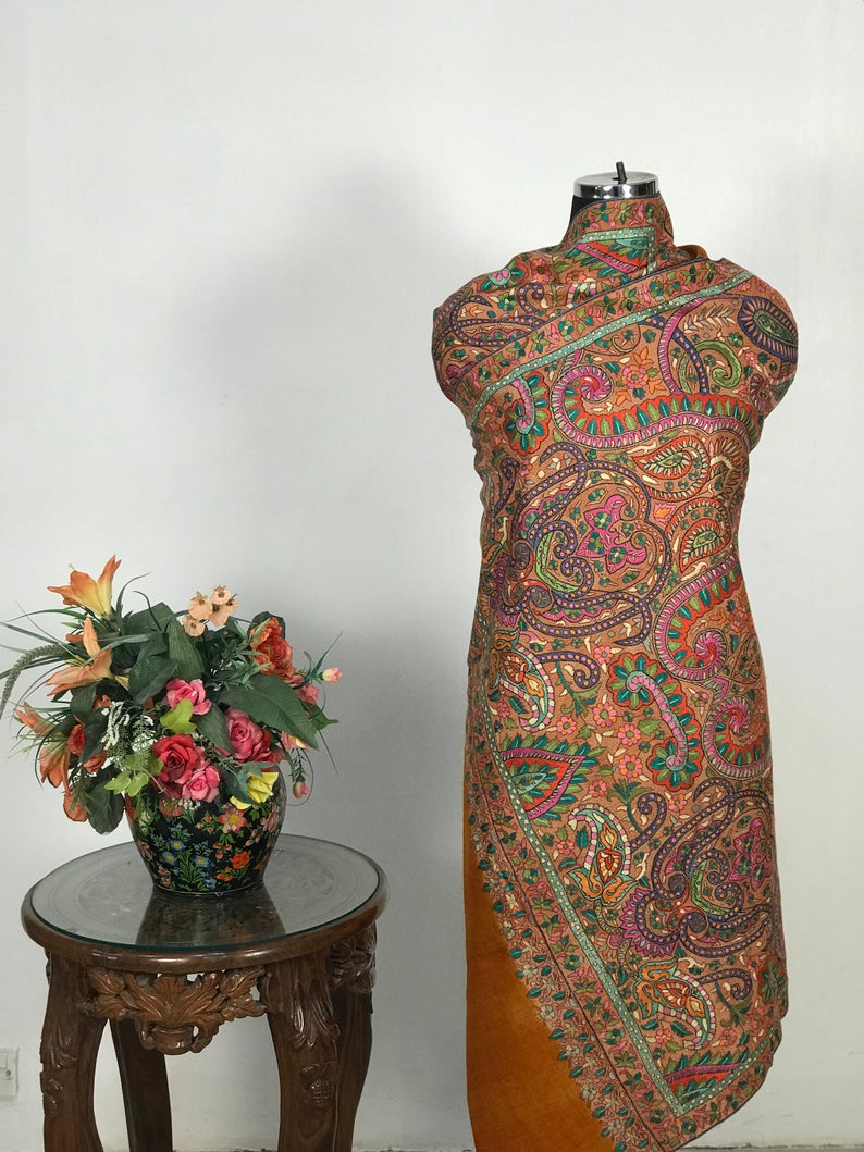 Burnt Orange Hand Papier Mache Jamawar Pure Pashmina Shawl