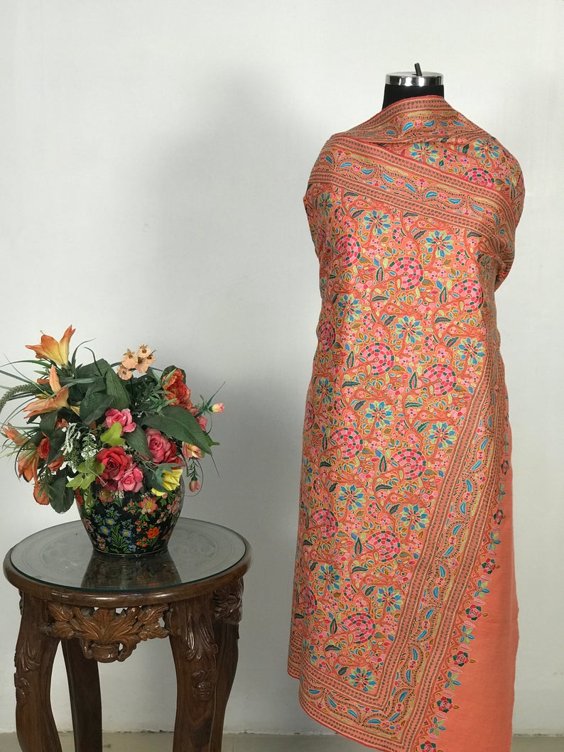 Living Coral Hand Papier Mache Jamawar Pure Pashmina Shawl