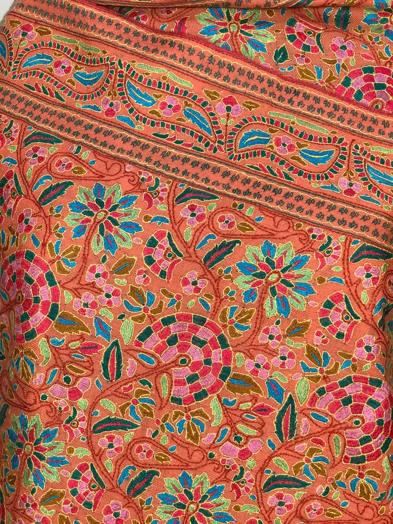 Living Coral Hand Papier Mache Jamawar Pure Pashmina Shawl close up