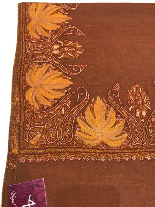 Rust Diamond Weave Pure Wool Shawl with Sozni Hand Embroidery close up