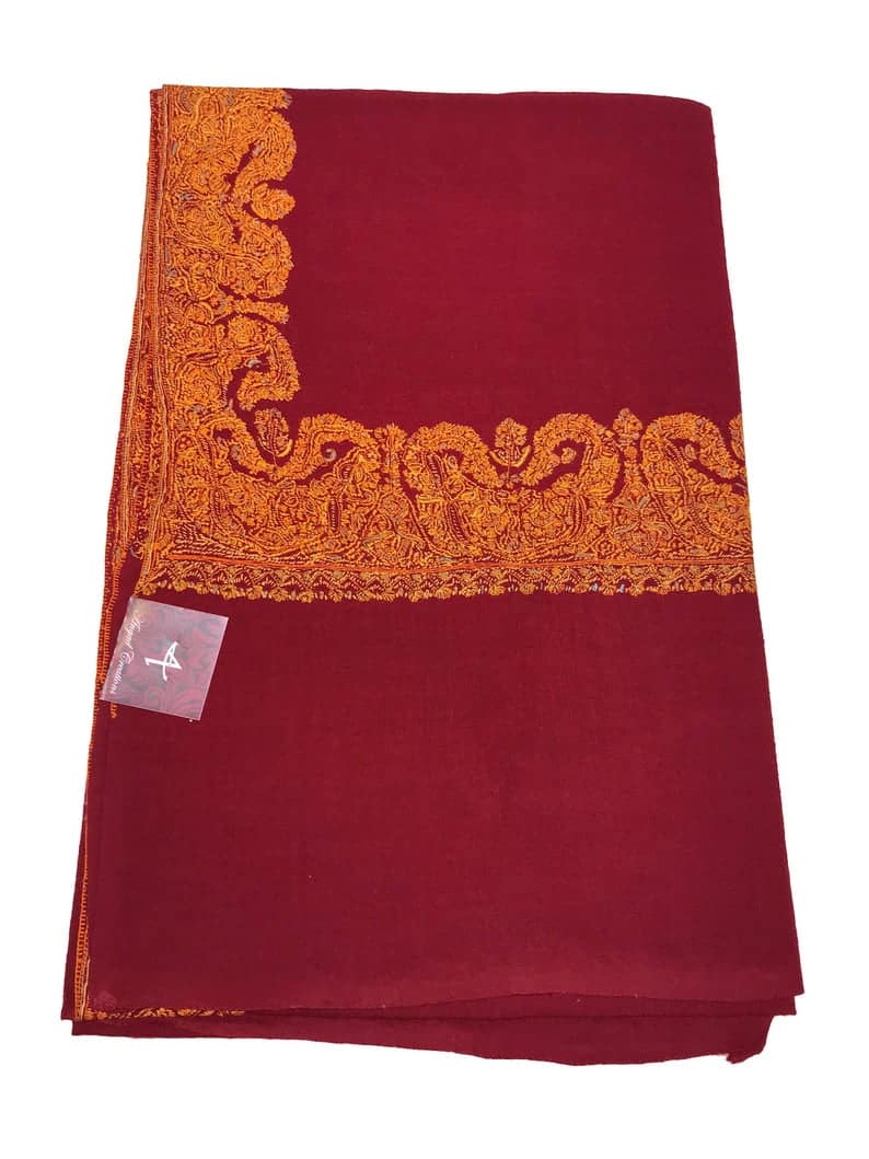 Red Pure Wool Shawl 4 Side Border Sozni Hand Embroidery