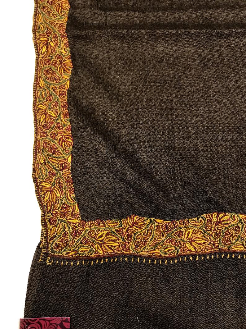 Brown Diamond Weave Sozni Hand Embroidered Pure Wool Shawl close up