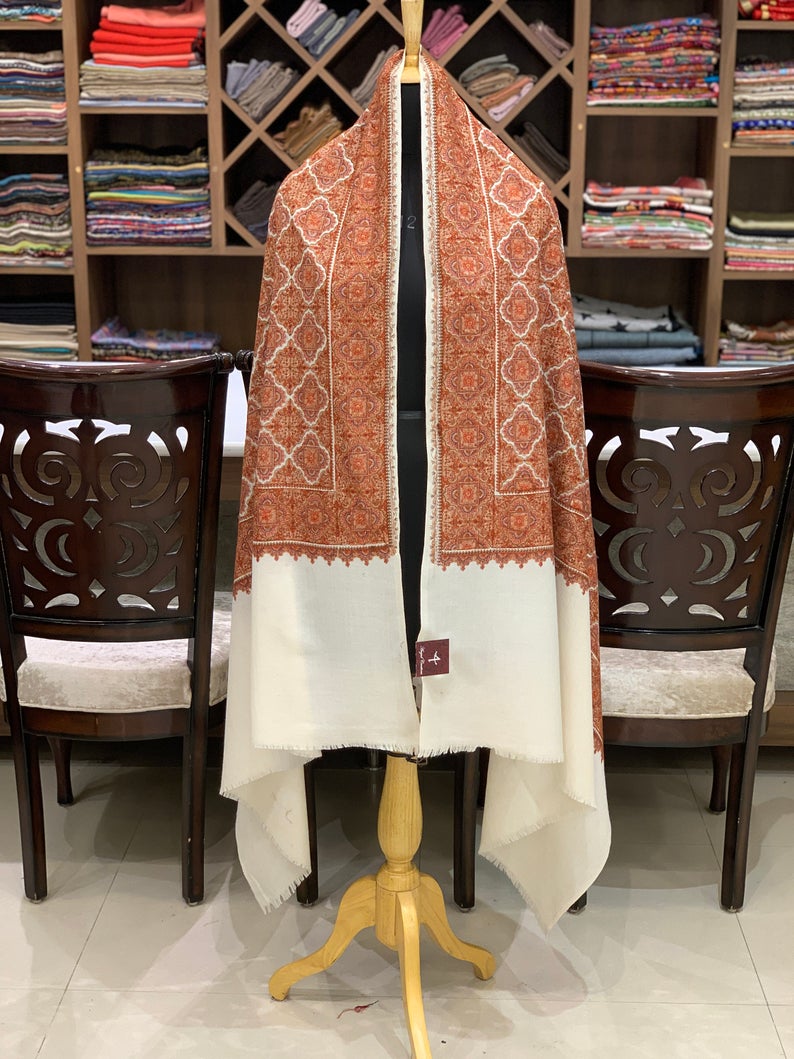 White Pure Wool Shawl with Machine Sozni Jamawar Embroidery White Pure Wool Shawl with Machine Sozni Jamawar Embroidery
