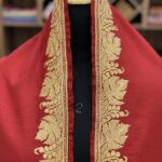 Red Pure Pashmina Shawl with Gold Silver Hand Tilla Work close up