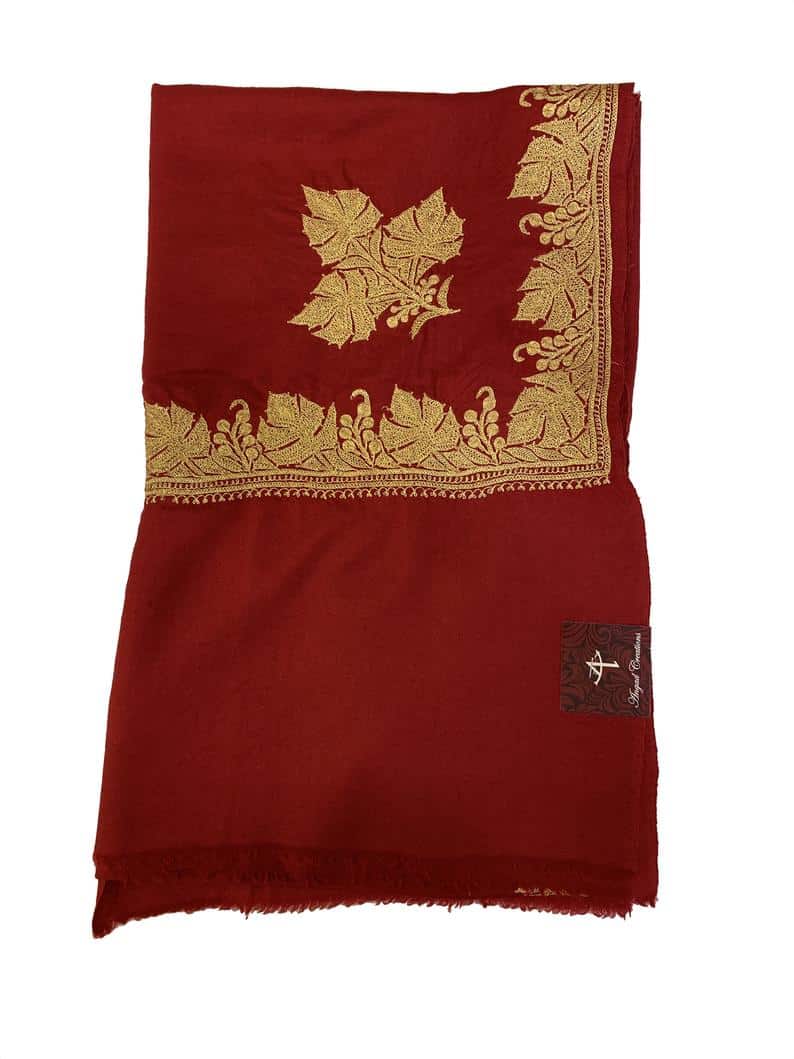 Red Pure Pashmina Shawl with Gold Silver Hand Tilla Work Red Pure Pashmina Shawl with Gold Silver Hand Tilla Work