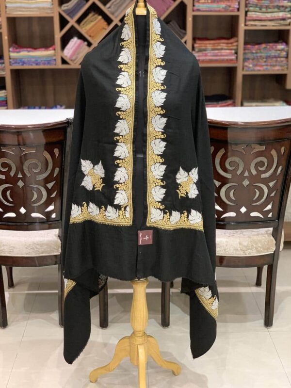 Black Pure Pashmina Shawl with Gold Silver Tilla Work
