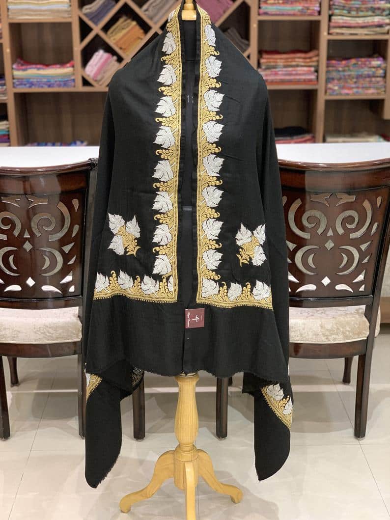 Black Pure Pashmina Shawl with Gold Silver Tilla Work Black Pure Pashmina Shawl with Gold Silver Tilla Work