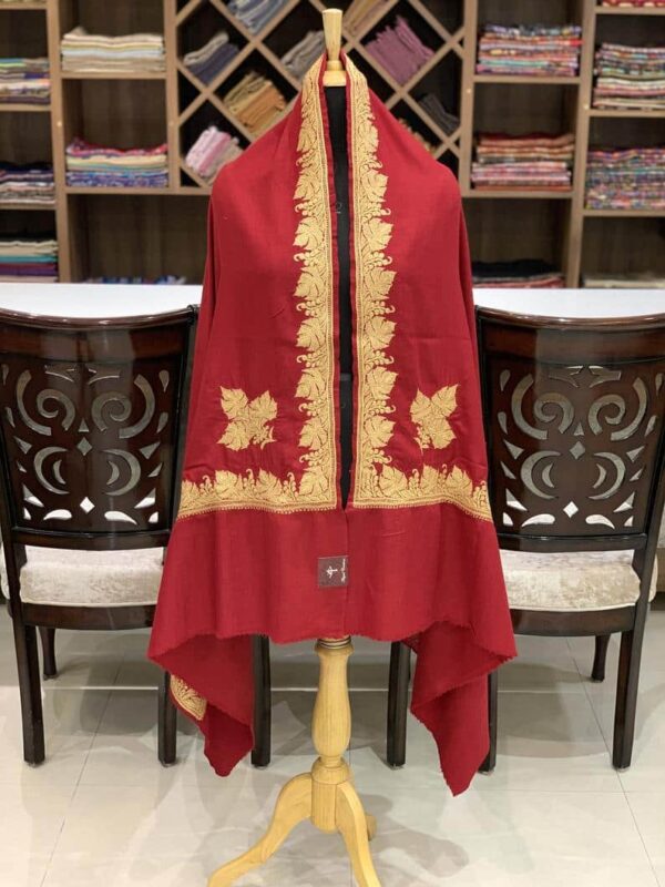 Red Pure Pashmina Shawl with Gold Silver Hand Tilla Work