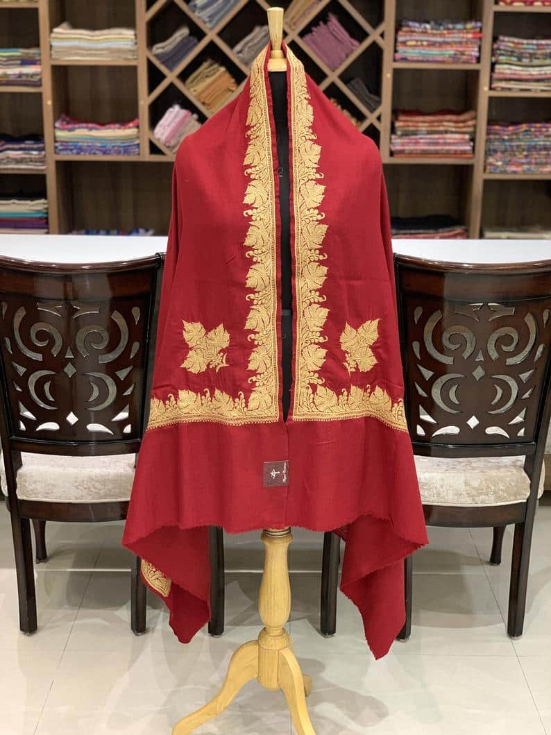 Red Pure Pashmina Shawl with Gold Silver Hand Tilla Work Red Pure Pashmina Shawl with Gold Silver Hand Tilla Work
