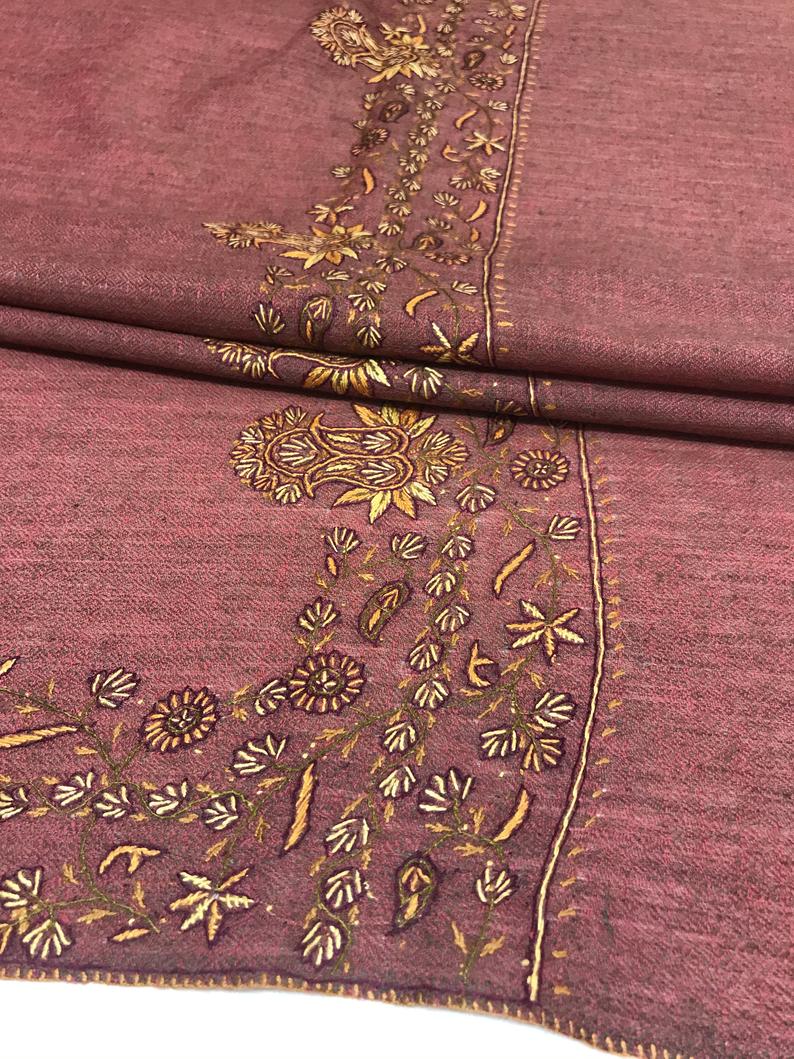 Rust Diamond Weave Pure Wool Shawl with Paisley Sozni Hand Embroidery close up Rust Diamond Weave Pure Wool Shawl with Paisley Sozni Hand Embroidery close up