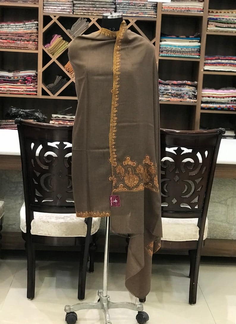 Beige Diamond Weave Sozni Hand Embroidered Pure Wool Shawl