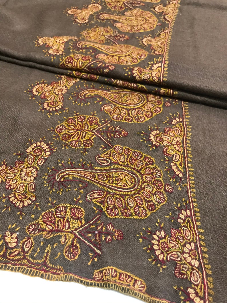 Beige Diamond Weave Sozni Hand Embroidered Pure Wool Shawl close up