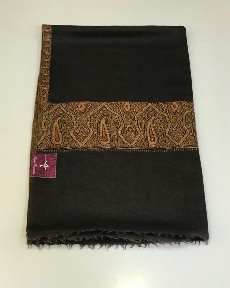 Brown Diamond Weave Pure Wool Shawl with Sozni Hand Embroidery