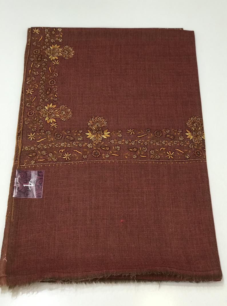 Rust Diamond Weave Pure Wool Shawl with Paisley Sozni Hand Embroidery Rust Diamond Weave Pure Wool Shawl with Paisley Sozni Hand Embroidery