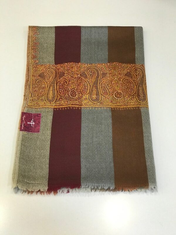 Stripes Diamond Weave Pure Wool Shawl with Sozni Aari Fusion Work