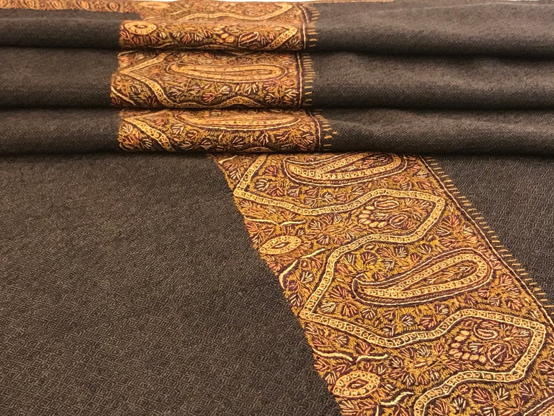 Brown Diamond Weave Pure Wool Shawl with Sozni Hand Embroidery flat