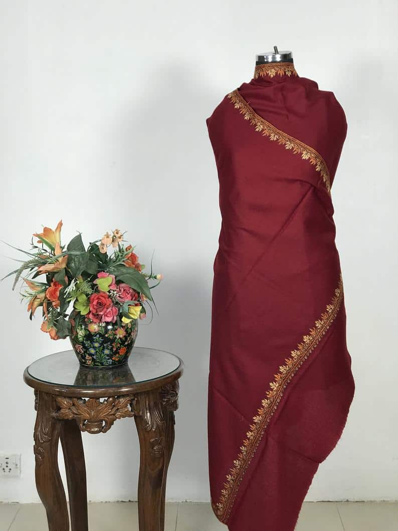 Red Pure Wool Shawl 4 Side Border Hand Embroidery