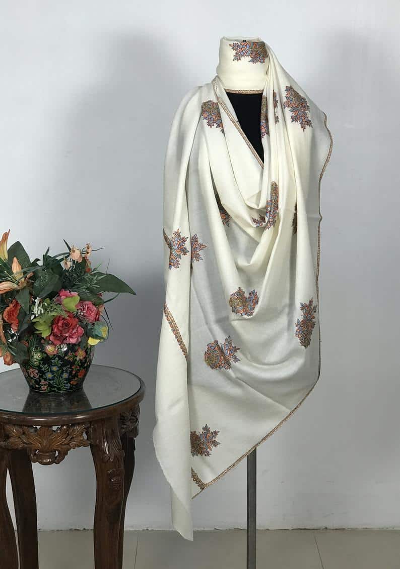 White Pure Wool Shawl Floral Boteh Design Hand Embroidery White Pure Wool Shawl Floral Boteh Design Hand Embroidery