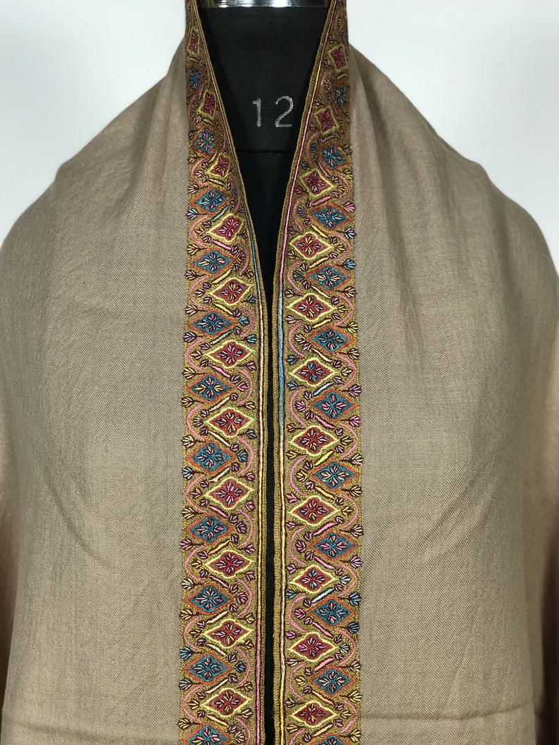 Beige Pure Wool Shawl 4 Size Border Hand Embroidery close up