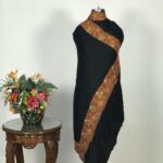 Maple Leaf Design Sozni Hand Embroidered Pure Wool Shawl: Black