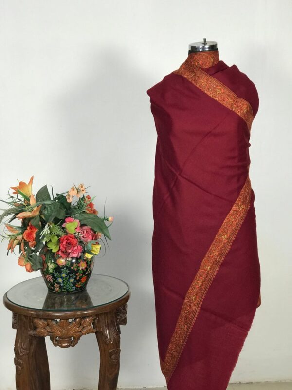 Paisley Border Design Sozni Hand Embroidered Pure Wool Shawl: Red
