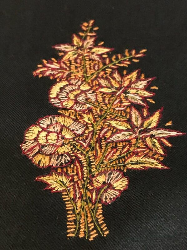 Black Pure Wool Shawl Floral Boteh Design Hand Embroidery close up