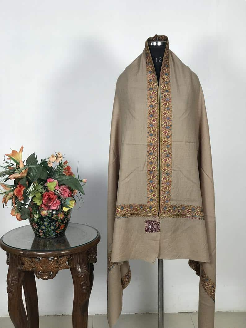 Beige Pure Wool Shawl 4 Size Border Hand Embroidery