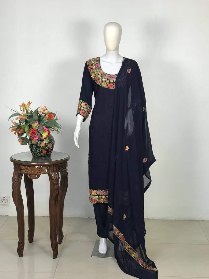Navy Blue Jaal Aari with Hand Dabka Work Salwar Suit