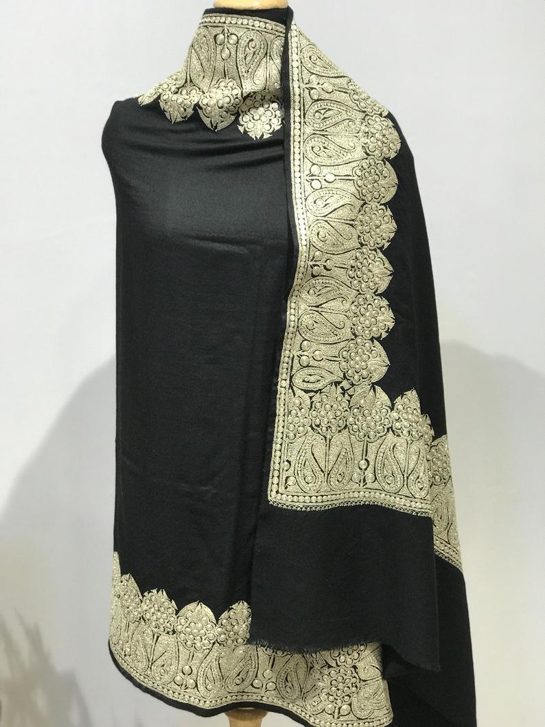 Black Pure Pashmina Shawl with Puff Tilla Embroidery side view