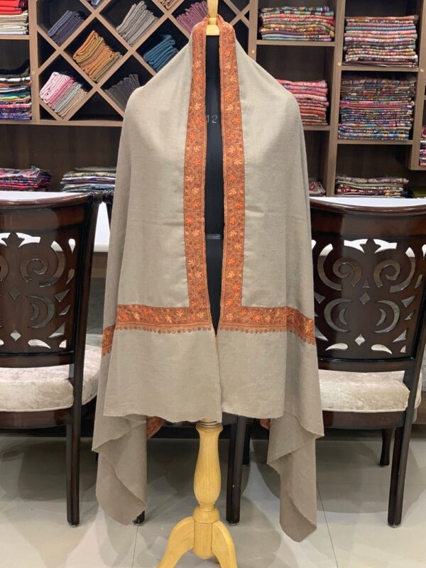 Beige Pure Pashmina Shawl with Chinar Neem Daur Sozni Hand Embroidery