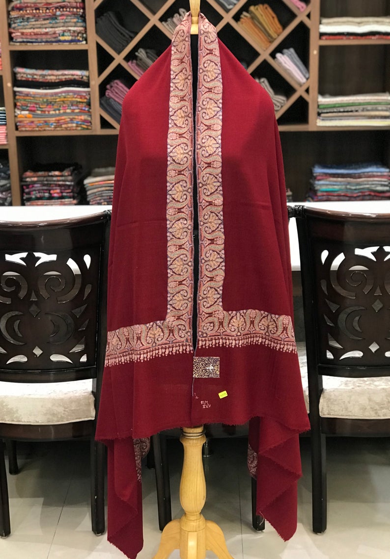 Neem Daur Sozni Hand Embroidered Pure Pashmina Shawl: Red Neem Daur Sozni Hand Embroidered Pure Pashmina Shawl: Red