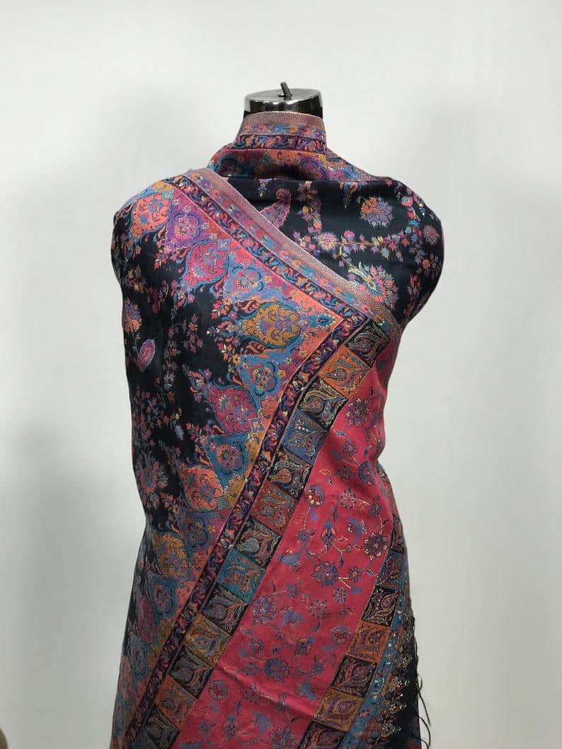 Black Floral Silk Kani Weave Dupatta close up Black Floral Silk Kani Weave Dupatta close up