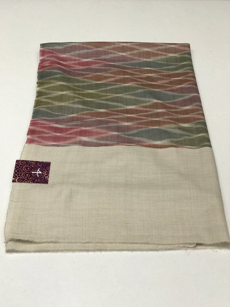 Criss-Cross Ikat Design Pure Pashmina Shawl: Green, Blue and Pink