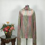 Criss-Cross Ikat Design Pure Pashmina Shawl: Green, Blue and Pink display