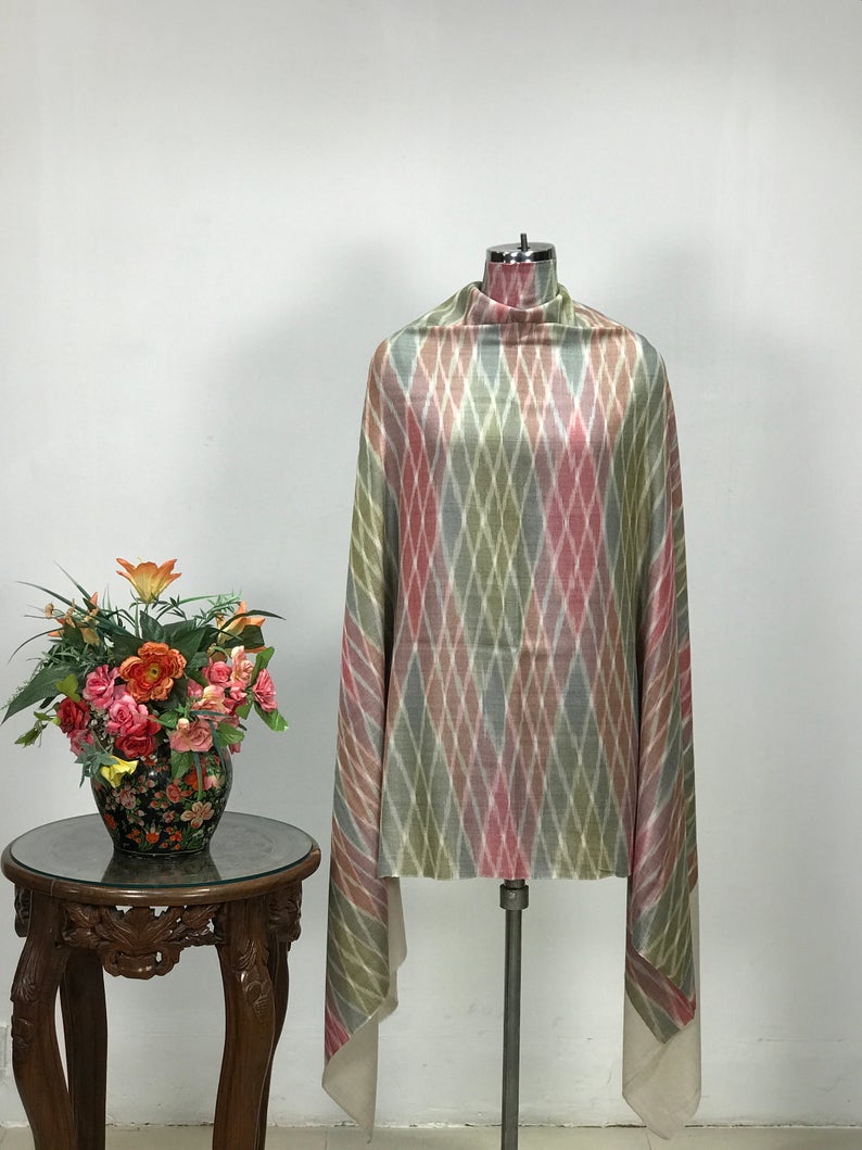 Criss-Cross Ikat Design Pure Pashmina Shawl: Green, Blue and Pink display
