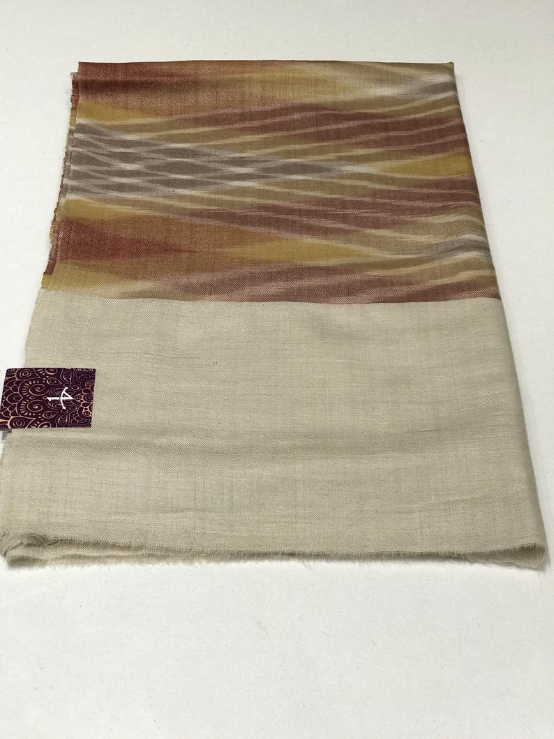 Criss-Cross Ikat Design Pure Pashmina Shawl: Rust, Yellow and Brown