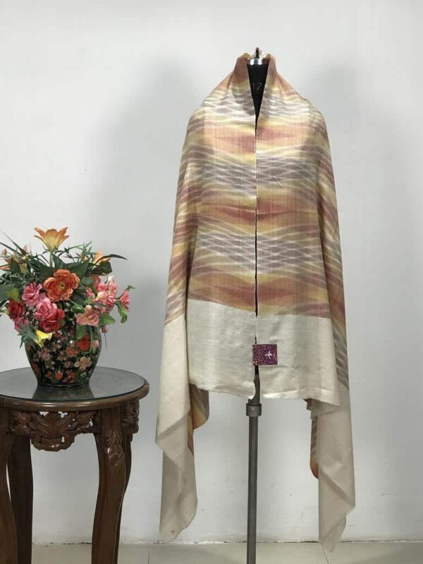 Criss-Cross Ikat Design Pure Pashmina Shawl: Rust, Yellow and Brown display