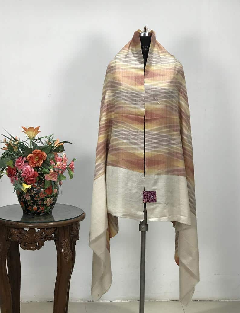 Criss-Cross Ikat Design Pure Pashmina Shawl: Rust, Yellow and Brown display