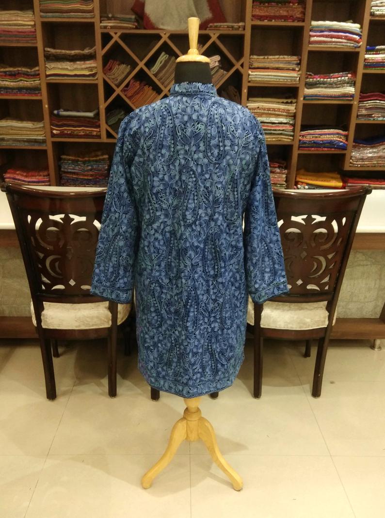 Blue Paisley Jamawar Embroidered Women Coat back side