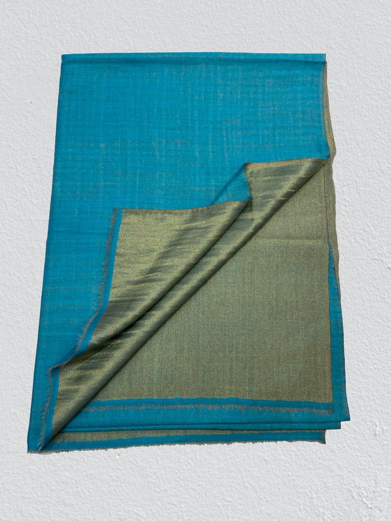 Tilla Weave Reversible Pure Pashmina Stole: Turquoise Tilla Weave Reversible Pure Pashmina Stole: Turquoise
