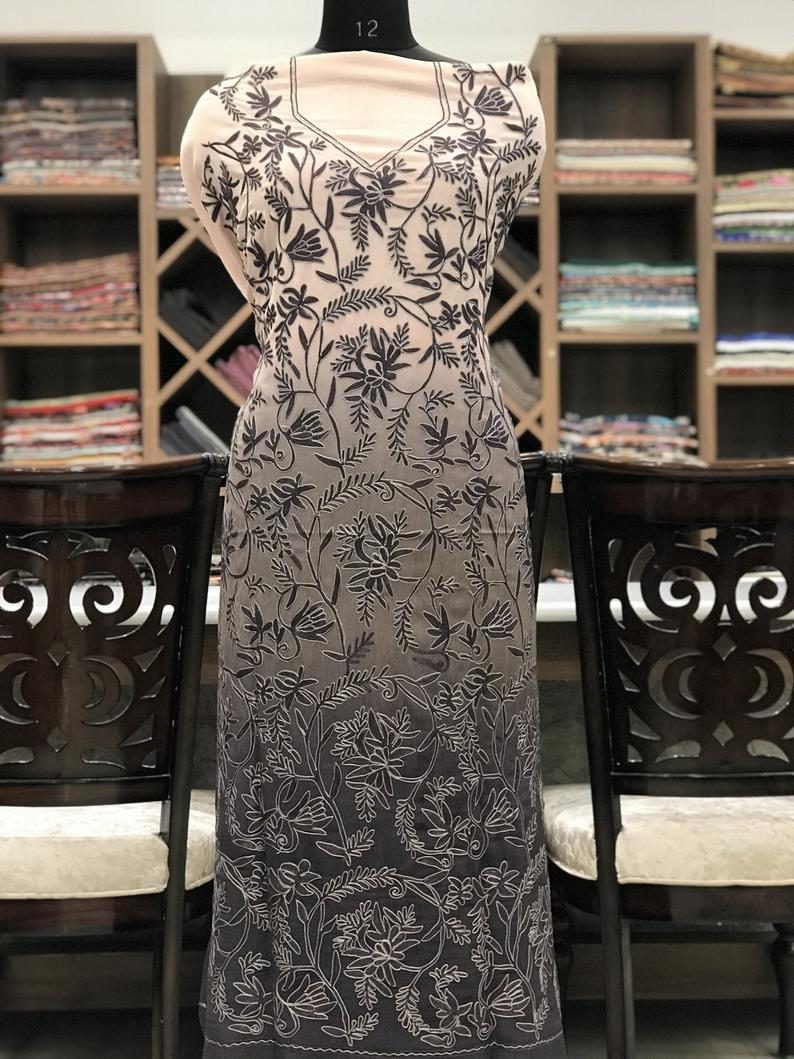 Ombré Women Ethnic Kashmiri Suit with Floral Pattern Aari Embroidery front