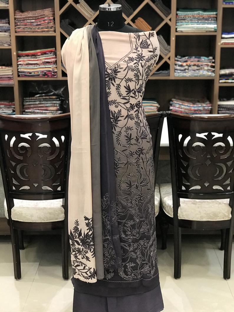 Ombré Women Ethnic Kashmiri Suit with Floral Pattern Aari Embroidery