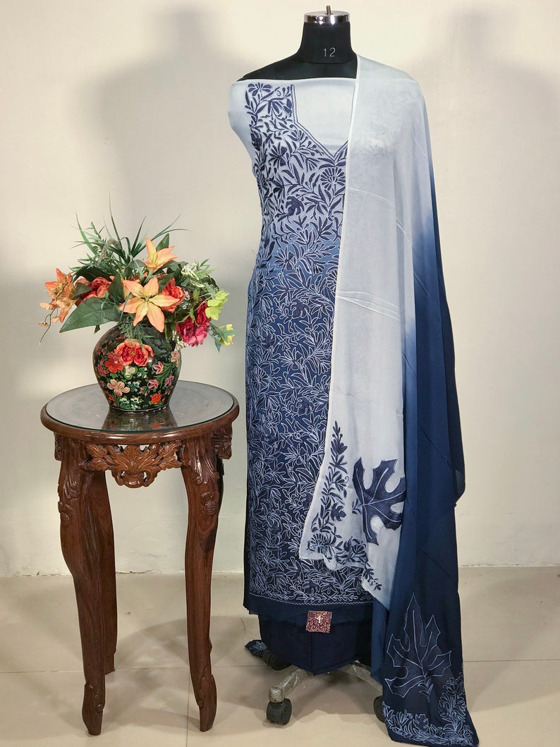 Ombré Women Ethnic Kashmiri Suit with Floral Pattern Aari Embroidery
