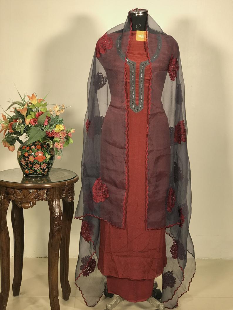 Red Suit with Floral Embroidery and Cut Dana Hand Work Organza Dupatta Front