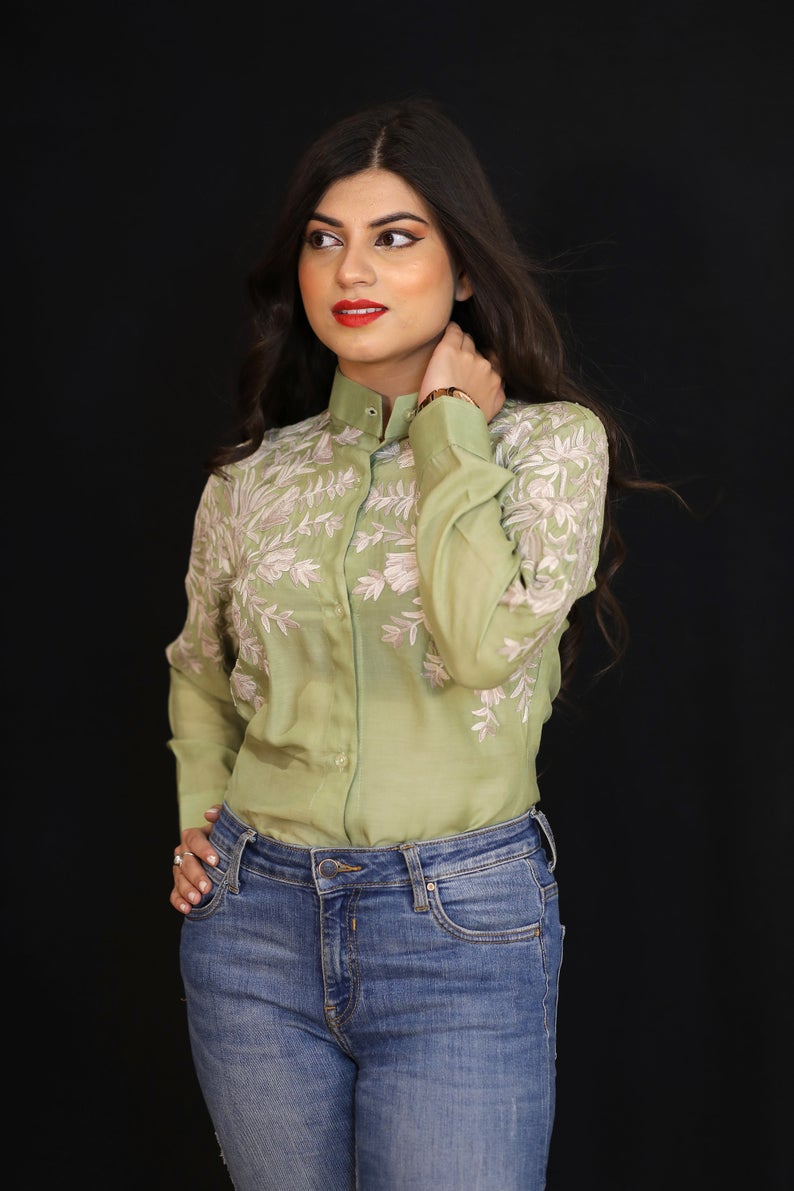 Olive Green Cotton Shirt with Faun Floral Thread Embroidery Olive Green Cotton Shirt with Faun Floral Thread Embroidery