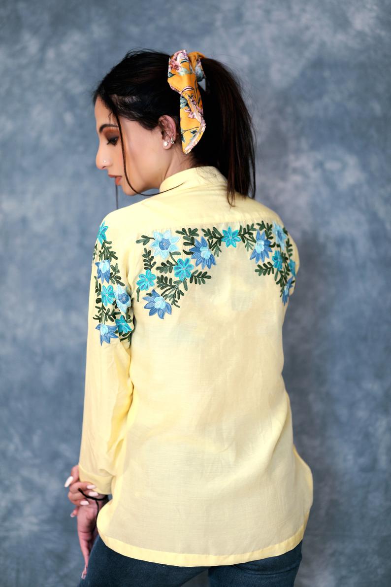Light Yellow Cotton Top with Multi Colour Thread Embroidery Back Light Yellow Cotton Top with Multi Colour Thread Embroidery Back