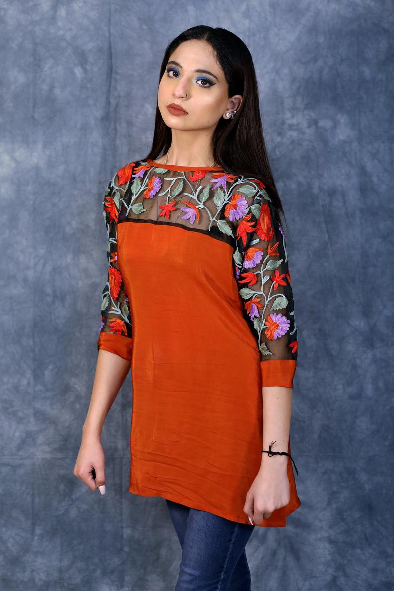 Orange Top with Thread Embroidered Shoulders & Sleeves Orange Top with Thread Embroidered Shoulders & Sleeves