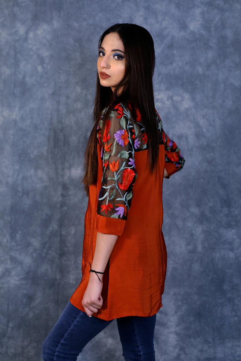 Orange Top with Thread Embroidered Shoulders & Sleeves Side Orange Top with Thread Embroidered Shoulders & Sleeves Side